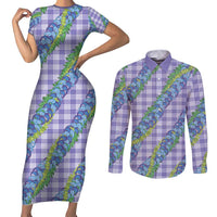 Hawaii Jade Vine Lei Couples Matching Short Sleeve Bodycon Dress and Long Sleeve Button Shirt Aloha Palaka Motif - Purple LT14 Purple - Polynesian Pride