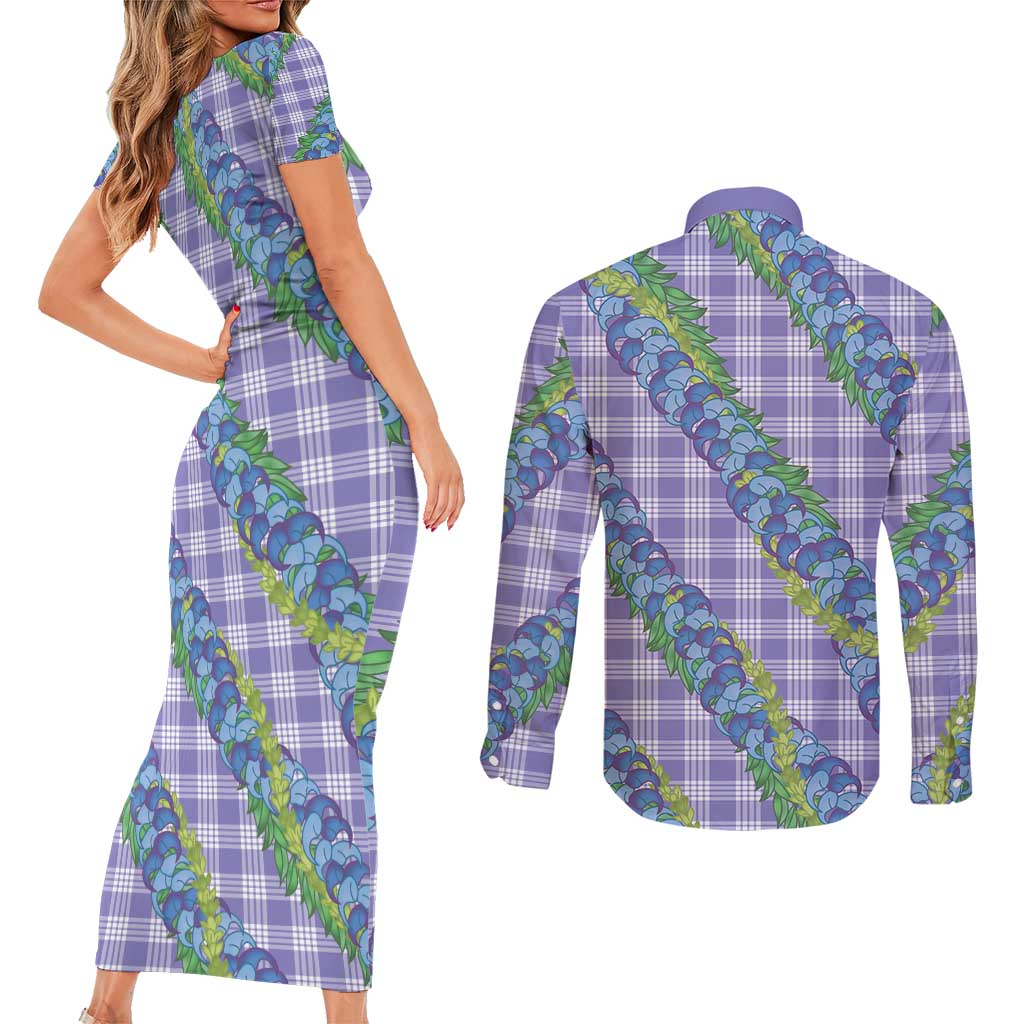 Hawaii Jade Vine Lei Couples Matching Short Sleeve Bodycon Dress and Long Sleeve Button Shirt Aloha Palaka Motif - Purple LT14 - Polynesian Pride