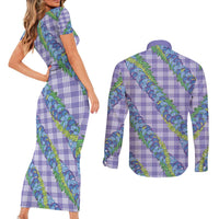 Hawaii Jade Vine Lei Couples Matching Short Sleeve Bodycon Dress and Long Sleeve Button Shirt Aloha Palaka Motif - Purple LT14 - Polynesian Pride