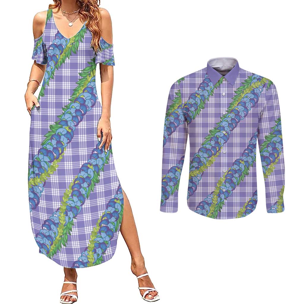 Hawaii Jade Vine Lei Couples Matching Summer Maxi Dress and Long Sleeve Button Shirt Aloha Palaka Motif - Purple LT14 Purple - Polynesian Pride