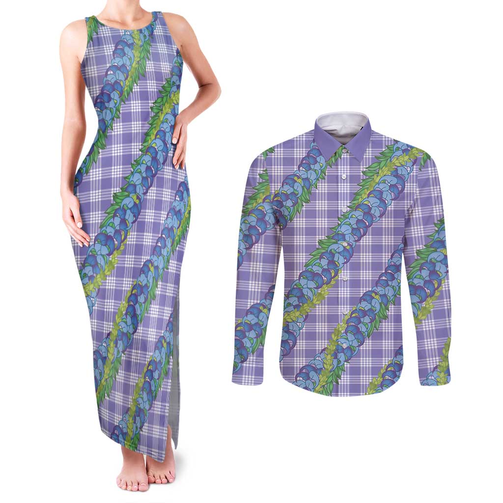 Hawaii Jade Vine Lei Couples Matching Tank Maxi Dress and Long Sleeve Button Shirt Aloha Palaka Motif - Purple LT14 Purple - Polynesian Pride