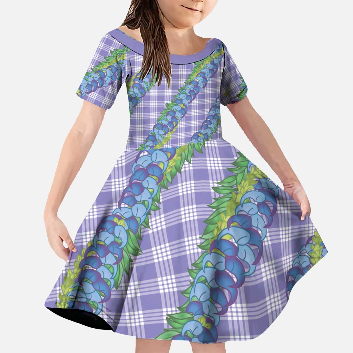 Hawaii Jade Vine Lei Family Matching Off The Shoulder Long Sleeve Dress and Hawaiian Shirt Aloha Palaka Motif - Purple LT14 Daughter's Dress Purple - Polynesian Pride