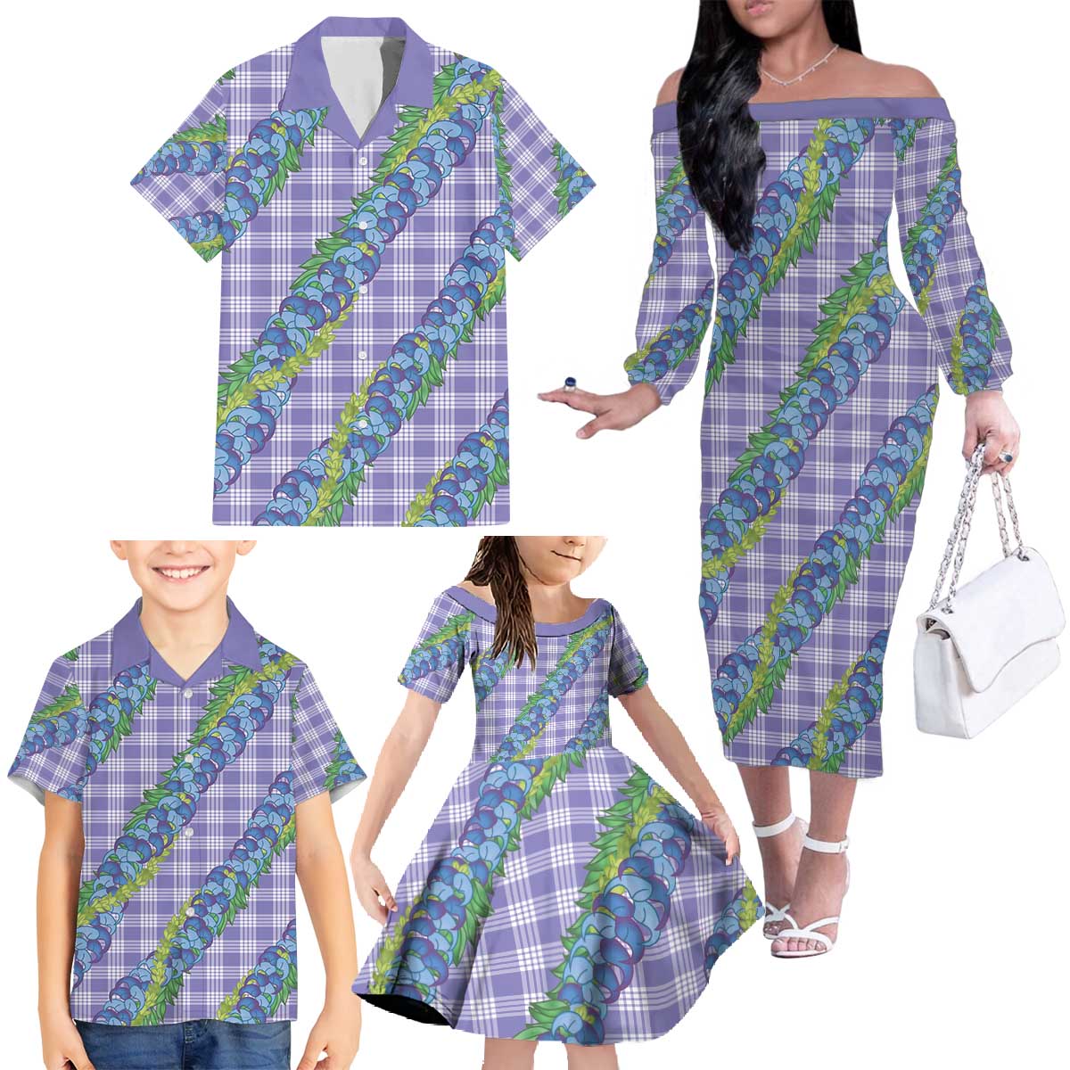 Hawaii Jade Vine Lei Family Matching Off The Shoulder Long Sleeve Dress and Hawaiian Shirt Aloha Palaka Motif - Purple LT14 - Polynesian Pride