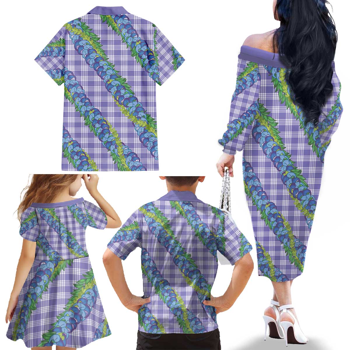 Hawaii Jade Vine Lei Family Matching Off The Shoulder Long Sleeve Dress and Hawaiian Shirt Aloha Palaka Motif - Purple LT14 - Polynesian Pride