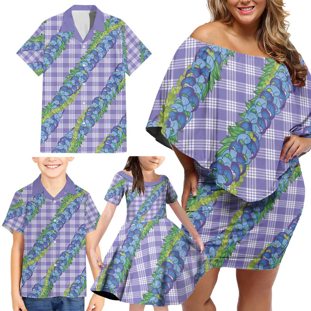 Hawaii Jade Vine Lei Family Matching Off Shoulder Short Dress and Hawaiian Shirt Aloha Palaka Motif - Purple LT14 - Polynesian Pride