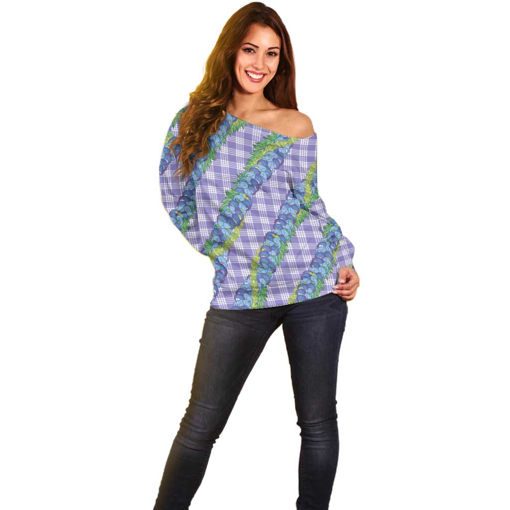 Hawaii Jade Vine Lei Off Shoulder Sweater Aloha Palaka Motif - Purple - Polynesian Pride