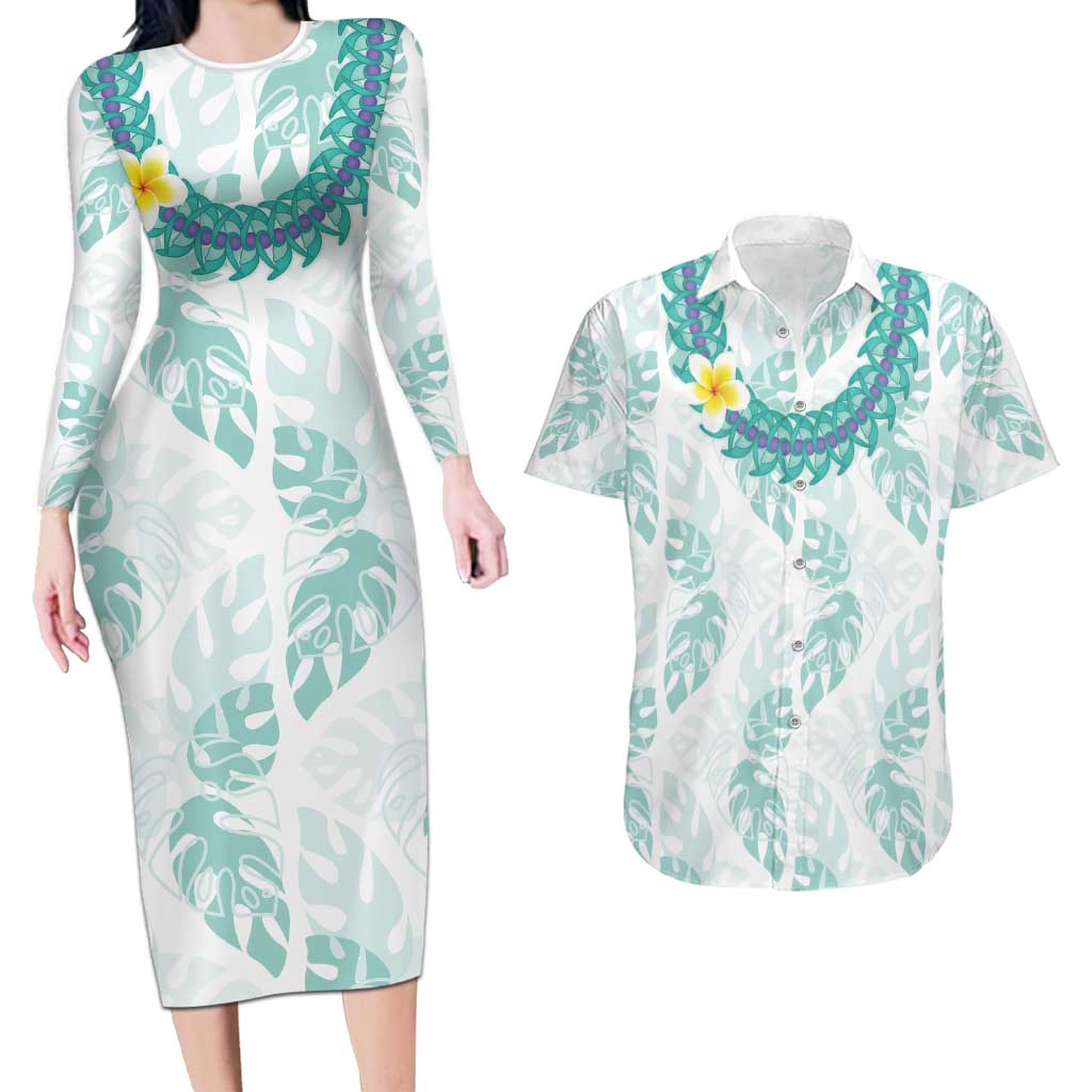 Jade Vine Lei Hawaii Couples Matching Long Sleeve Bodycon Dress and Hawaiian Shirt Aloha Seamless Tropical Leaves LT14 White - Polynesian Pride