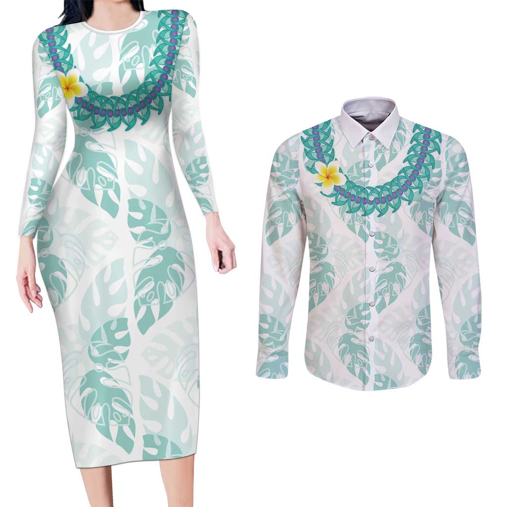 Jade Vine Lei Hawaii Couples Matching Long Sleeve Bodycon Dress and Long Sleeve Button Shirt Aloha Seamless Tropical Leaves LT14 White - Polynesian Pride