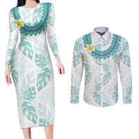 Jade Vine Lei Hawaii Couples Matching Long Sleeve Bodycon Dress and Long Sleeve Button Shirt Aloha Seamless Tropical Leaves LT14 White - Polynesian Pride