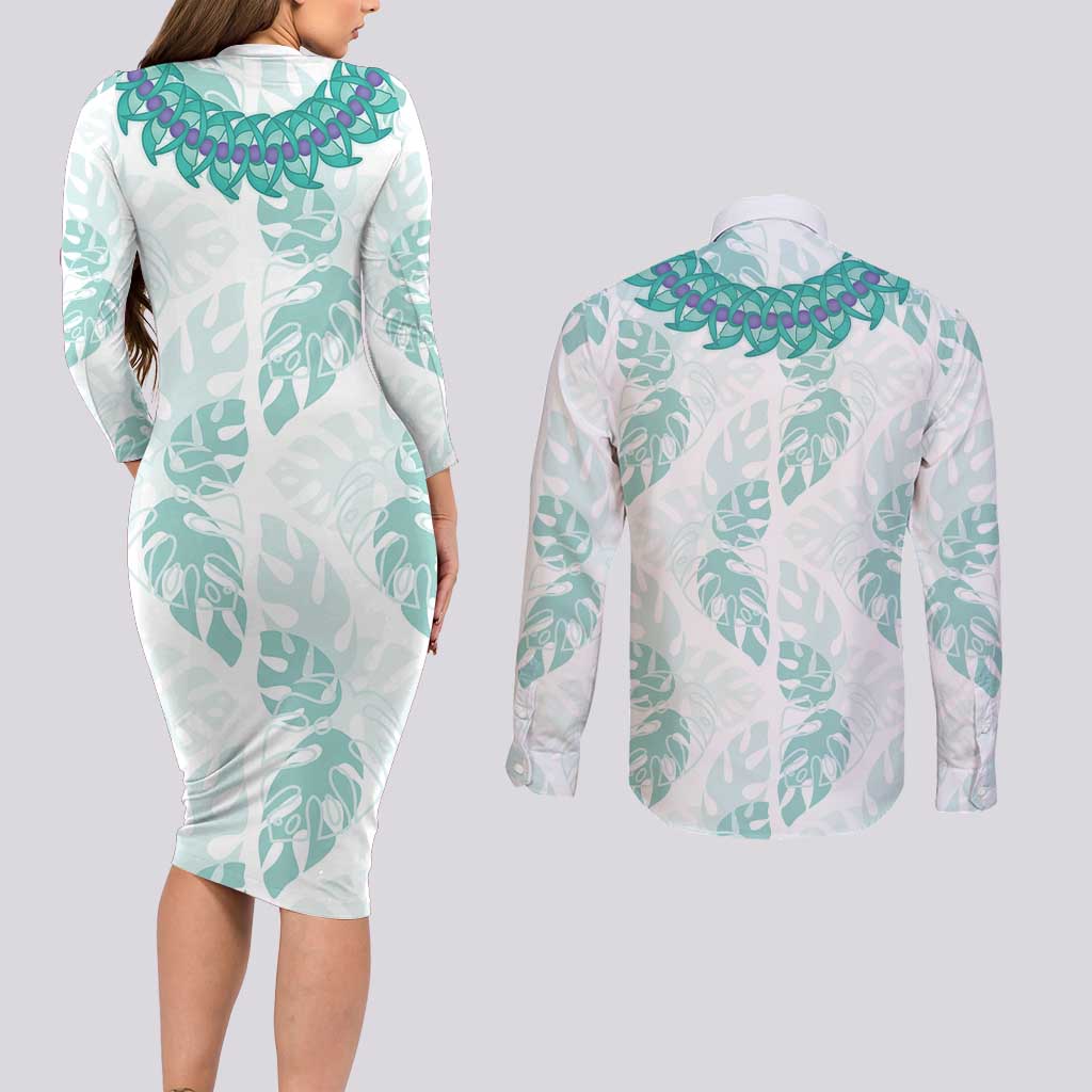 Jade Vine Lei Hawaii Couples Matching Long Sleeve Bodycon Dress and Long Sleeve Button Shirt Aloha Seamless Tropical Leaves LT14 - Polynesian Pride