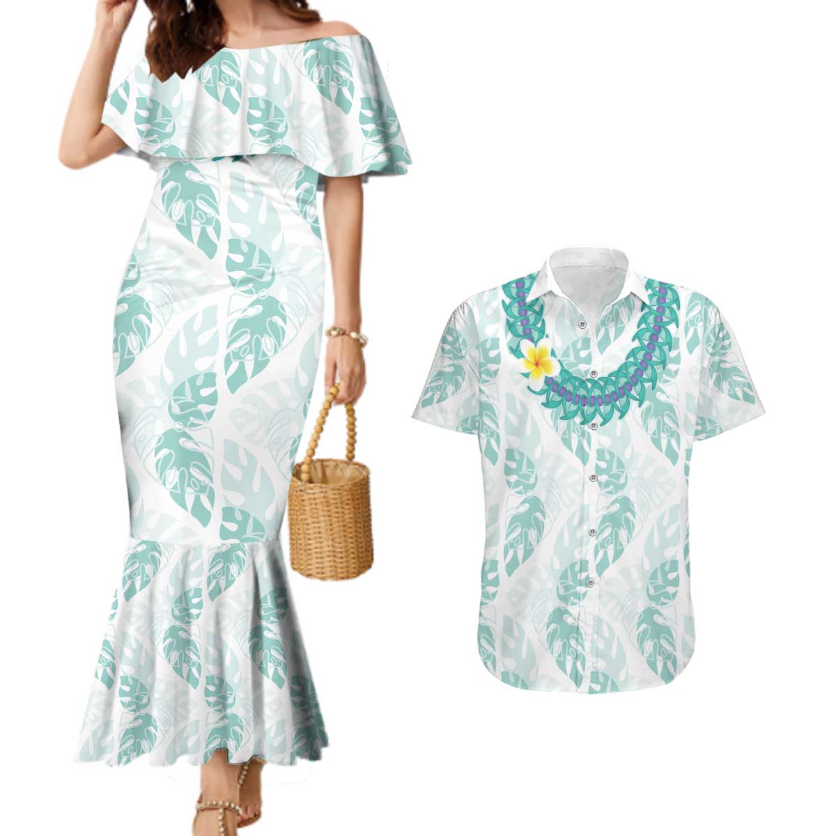 Jade Vine Lei Hawaii Couples Matching Mermaid Dress and Hawaiian Shirt Aloha Seamless Tropical Leaves LT14 White - Polynesian Pride