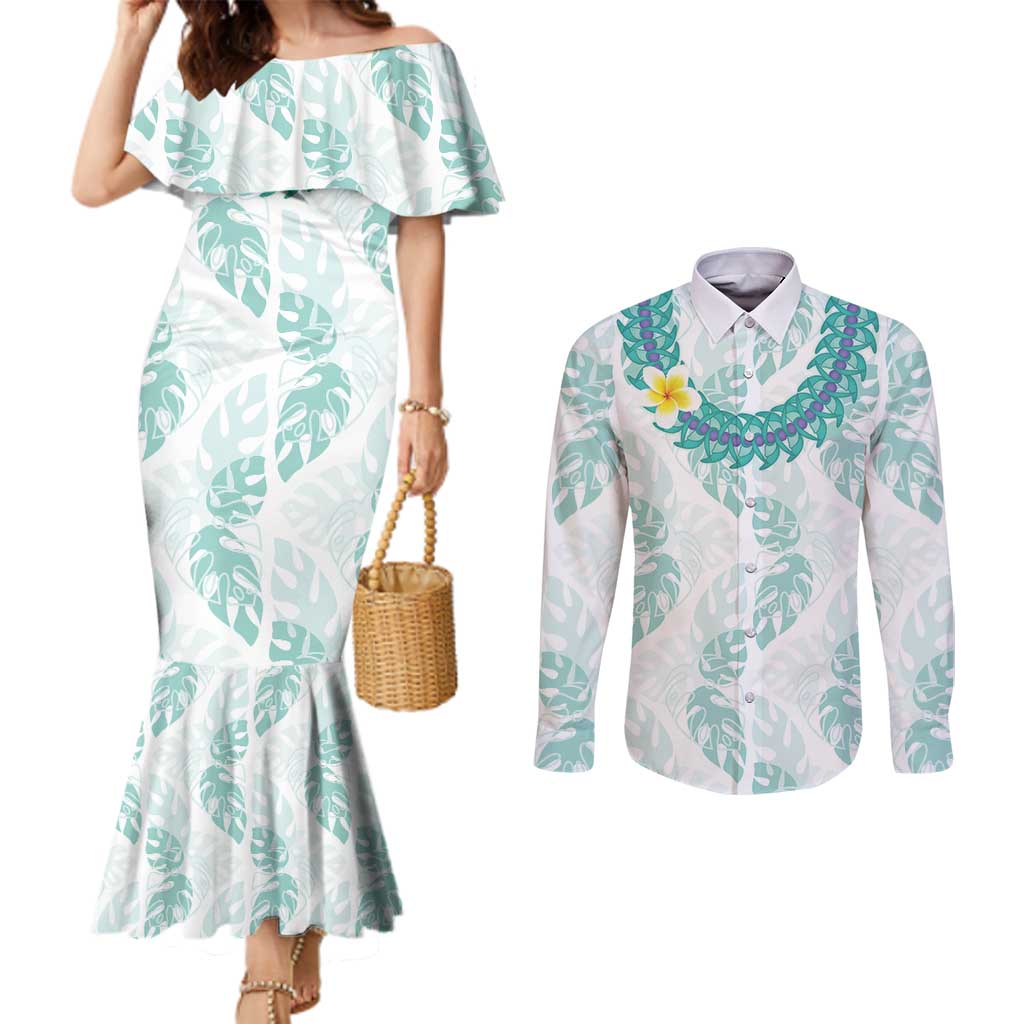 Jade Vine Lei Hawaii Couples Matching Mermaid Dress and Long Sleeve Button Shirt Aloha Seamless Tropical Leaves LT14 White - Polynesian Pride