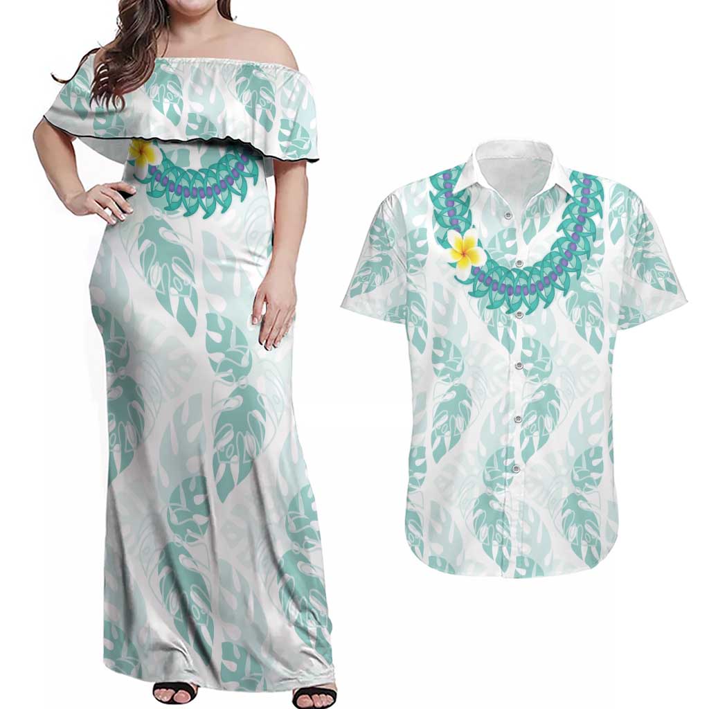 Jade Vine Lei Hawaii Couples Matching Off Shoulder Maxi Dress and Hawaiian Shirt Aloha Seamless Tropical Leaves LT14 White - Polynesian Pride