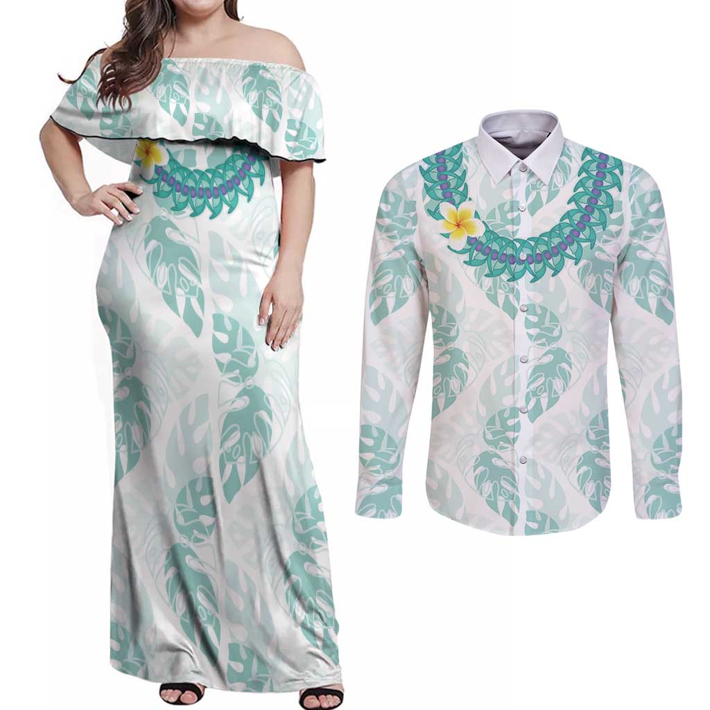Jade Vine Lei Hawaii Couples Matching Off Shoulder Maxi Dress and Long Sleeve Button Shirt Aloha Seamless Tropical Leaves LT14 White - Polynesian Pride