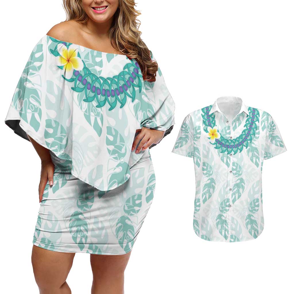 Jade Vine Lei Hawaii Couples Matching Off Shoulder Short Dress and Hawaiian Shirt Aloha Seamless Tropical Leaves LT14 White - Polynesian Pride