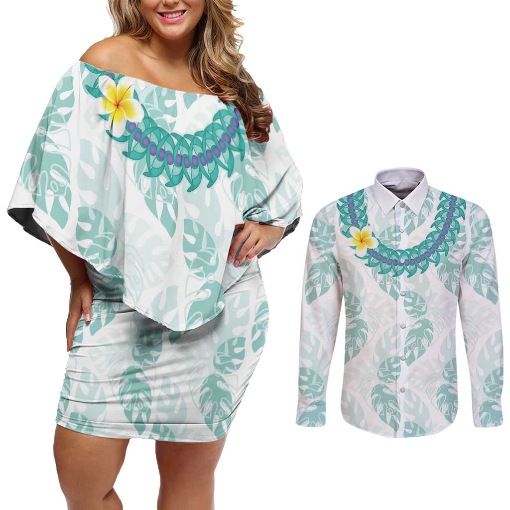 Jade Vine Lei Hawaii Couples Matching Off Shoulder Short Dress and Long Sleeve Button Shirt Aloha Seamless Tropical Leaves LT14 White - Polynesian Pride