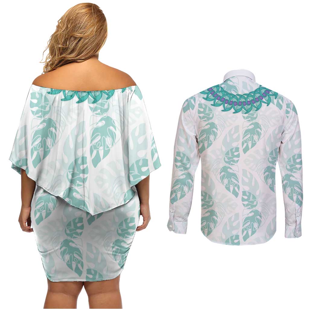 Jade Vine Lei Hawaii Couples Matching Off Shoulder Short Dress and Long Sleeve Button Shirt Aloha Seamless Tropical Leaves LT14 - Polynesian Pride