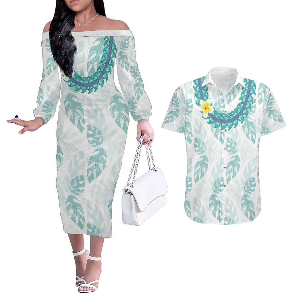Jade Vine Lei Hawaii Couples Matching Off The Shoulder Long Sleeve Dress and Hawaiian Shirt Aloha Seamless Tropical Leaves LT14 White - Polynesian Pride