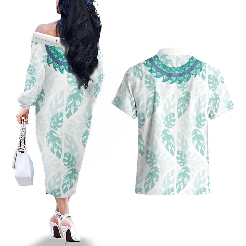 Jade Vine Lei Hawaii Couples Matching Off The Shoulder Long Sleeve Dress and Hawaiian Shirt Aloha Seamless Tropical Leaves LT14 - Polynesian Pride