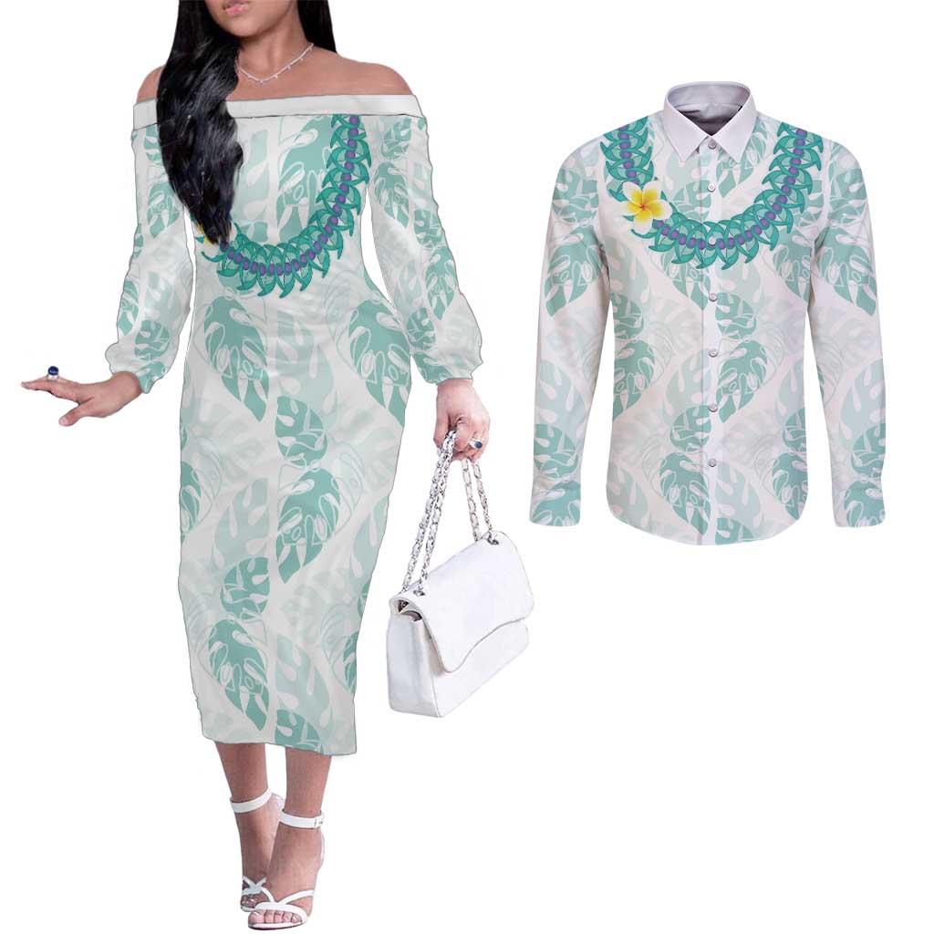 Jade Vine Lei Hawaii Couples Matching Off The Shoulder Long Sleeve Dress and Long Sleeve Button Shirt Aloha Seamless Tropical Leaves LT14 White - Polynesian Pride