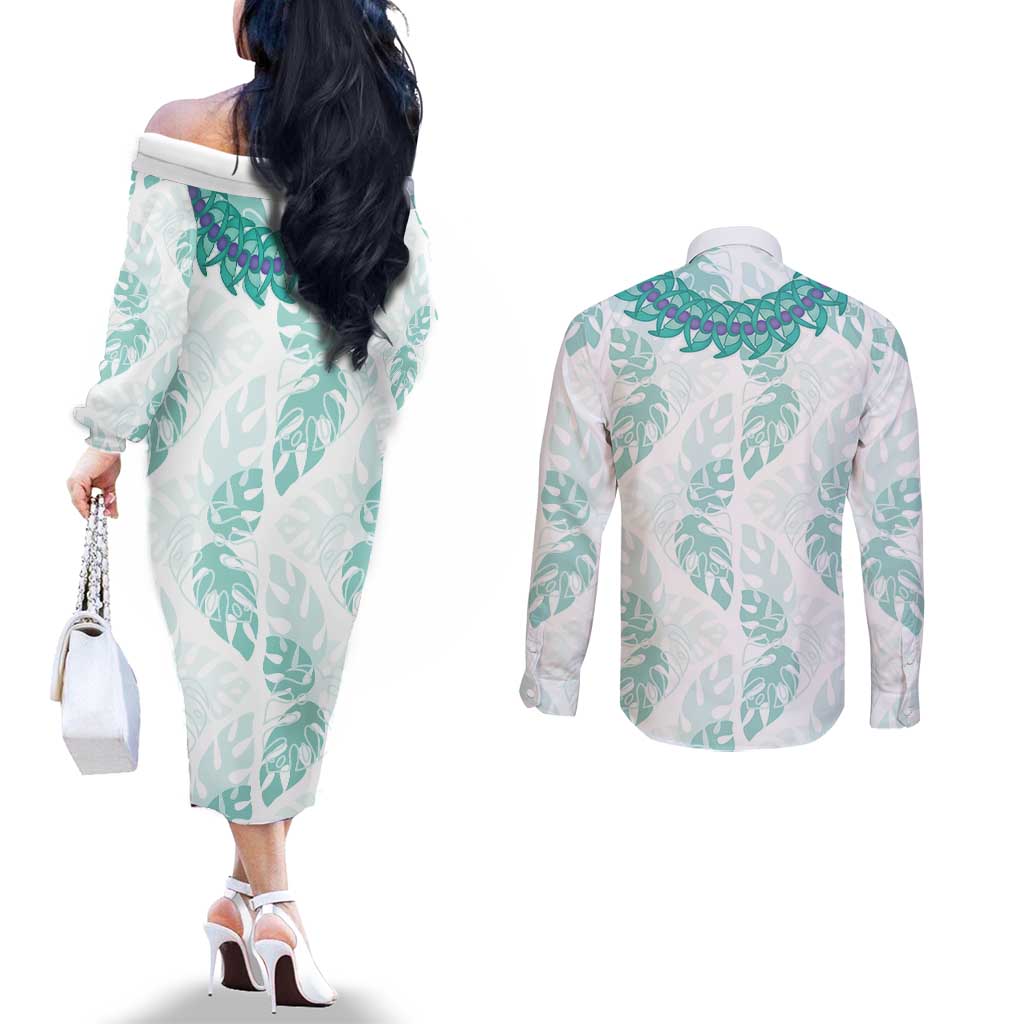 Jade Vine Lei Hawaii Couples Matching Off The Shoulder Long Sleeve Dress and Long Sleeve Button Shirt Aloha Seamless Tropical Leaves LT14 - Polynesian Pride
