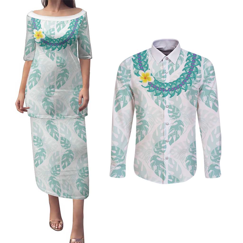 Jade Vine Lei Hawaii Couples Matching Puletasi and Long Sleeve Button Shirt Aloha Seamless Tropical Leaves LT14 White - Polynesian Pride