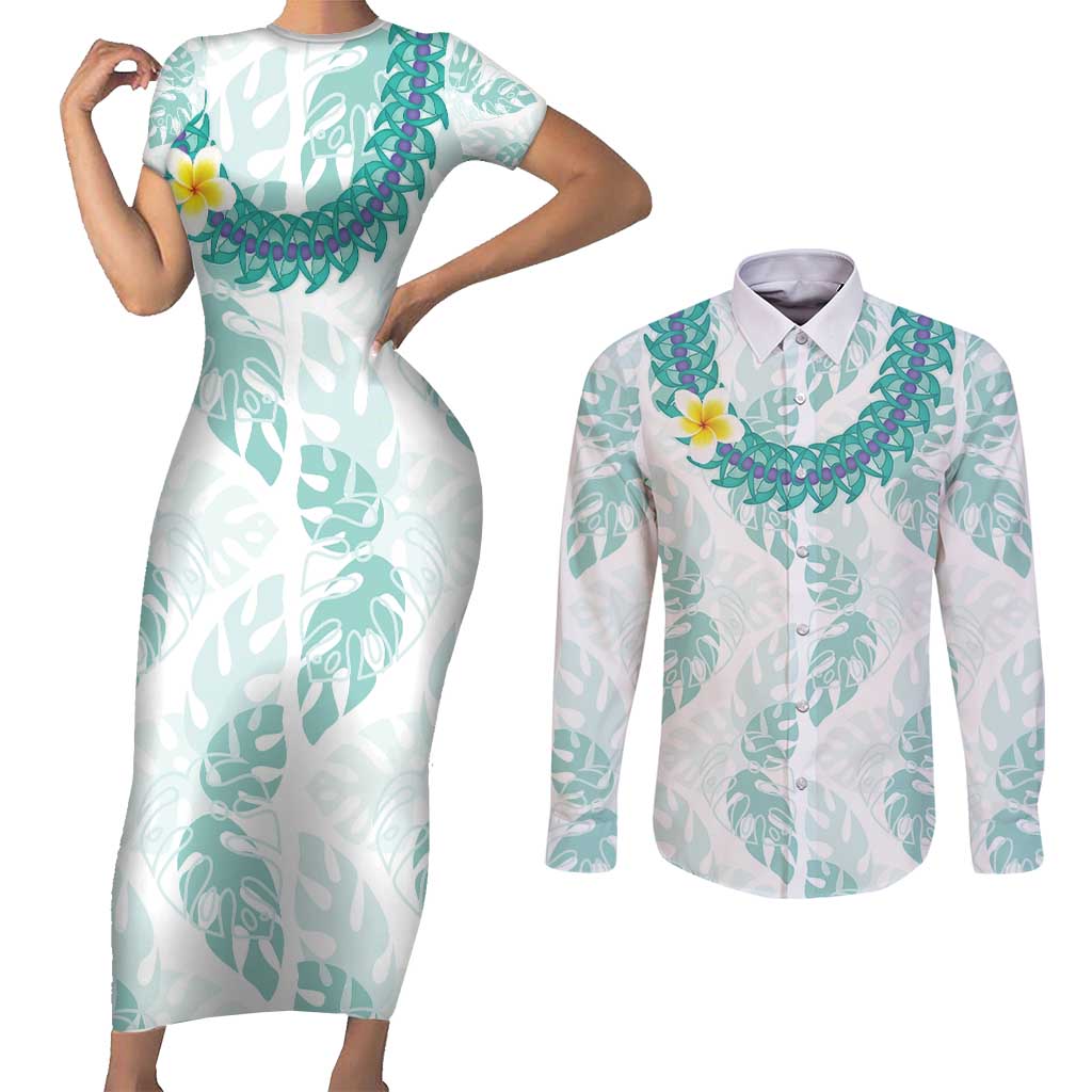 Jade Vine Lei Hawaii Couples Matching Short Sleeve Bodycon Dress and Long Sleeve Button Shirt Aloha Seamless Tropical Leaves LT14 White - Polynesian Pride