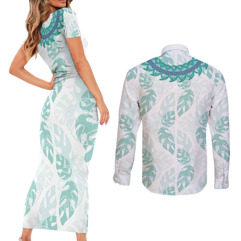 Jade Vine Lei Hawaii Couples Matching Short Sleeve Bodycon Dress and Long Sleeve Button Shirt Aloha Seamless Tropical Leaves LT14 - Polynesian Pride