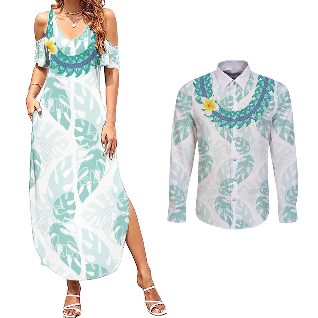 Jade Vine Lei Hawaii Couples Matching Summer Maxi Dress and Long Sleeve Button Shirt Aloha Seamless Tropical Leaves LT14 White - Polynesian Pride