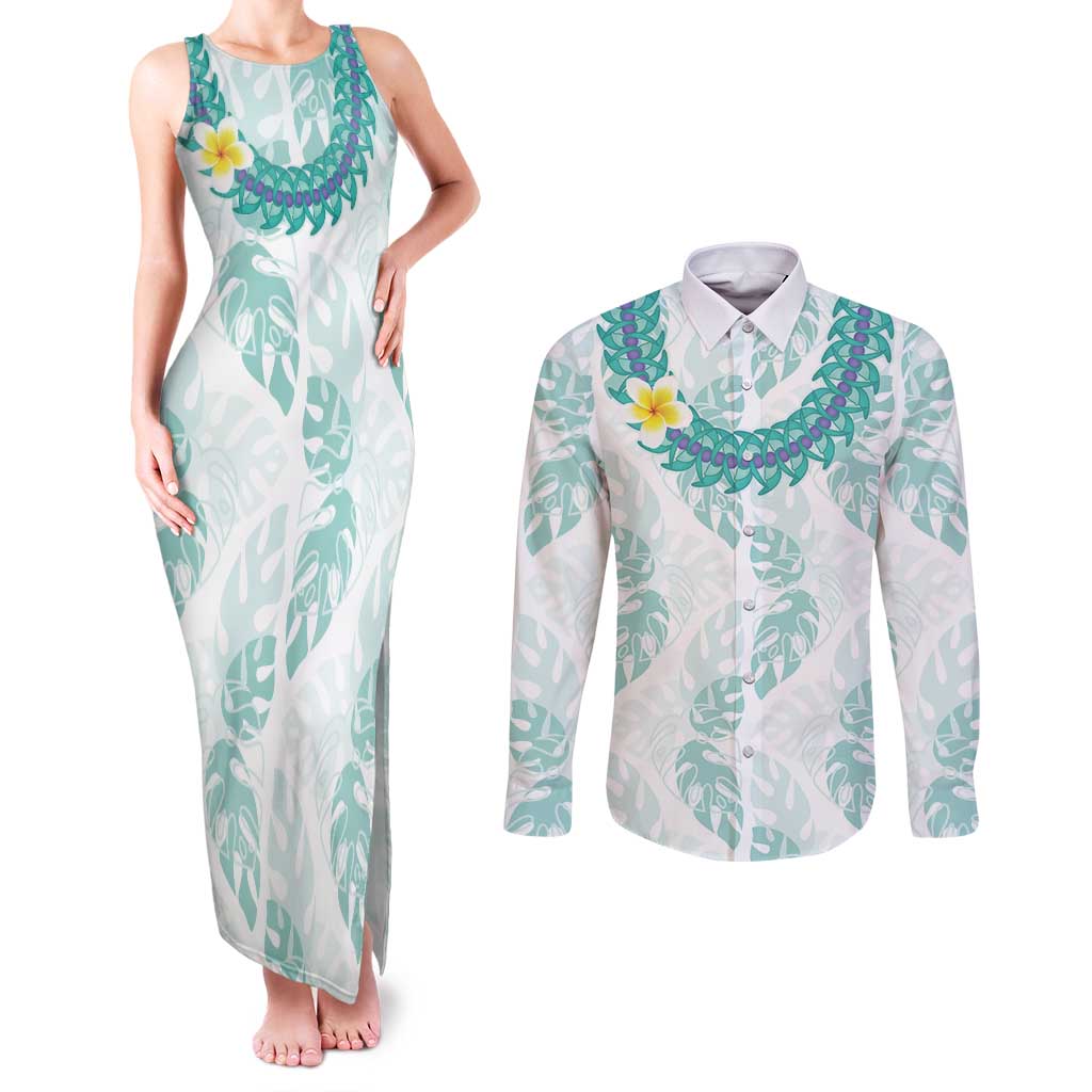 Jade Vine Lei Hawaii Couples Matching Tank Maxi Dress and Long Sleeve Button Shirt Aloha Seamless Tropical Leaves LT14 White - Polynesian Pride