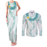 Jade Vine Lei Hawaii Couples Matching Tank Maxi Dress and Long Sleeve Button Shirt Aloha Seamless Tropical Leaves LT14 White - Polynesian Pride