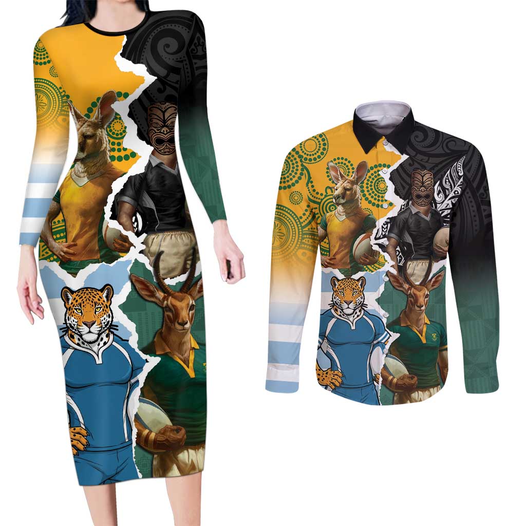 Personalised Rugby 2025 Championship Couples Matching Long Sleeve Bodycon Dress and Long Sleeve Button Shirt Southern Hemisphere Countries Mascots LT14 Black - Polynesian Pride