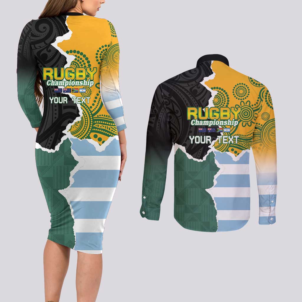 Personalised Rugby 2025 Championship Couples Matching Long Sleeve Bodycon Dress and Long Sleeve Button Shirt Southern Hemisphere Countries Mascots LT14 - Polynesian Pride