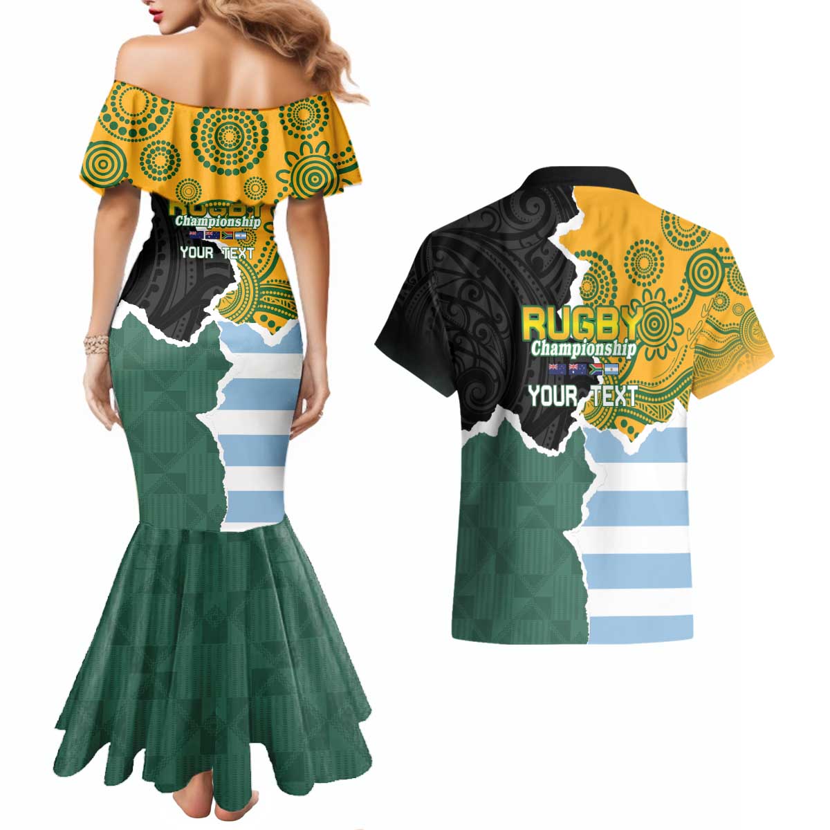 Personalised Rugby 2025 Championship Couples Matching Mermaid Dress and Hawaiian Shirt Southern Hemisphere Countries Mascots LT14 - Polynesian Pride