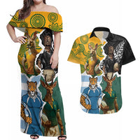 Personalised Rugby 2025 Championship Couples Matching Off Shoulder Maxi Dress and Hawaiian Shirt Southern Hemisphere Countries Mascots LT14 Black - Polynesian Pride