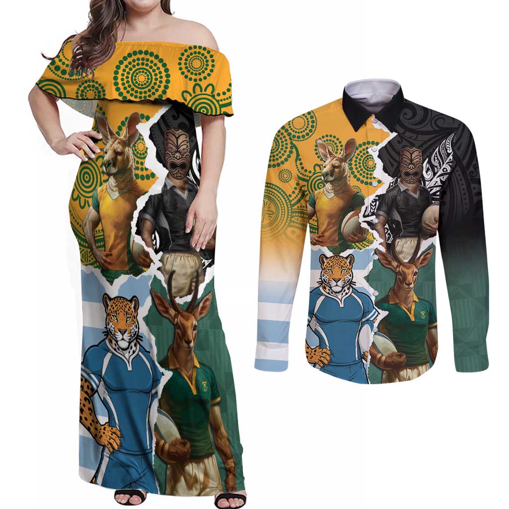 Personalised Rugby 2025 Championship Couples Matching Off Shoulder Maxi Dress and Long Sleeve Button Shirt Southern Hemisphere Countries Mascots LT14 Black - Polynesian Pride