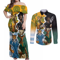 Personalised Rugby 2025 Championship Couples Matching Off Shoulder Maxi Dress and Long Sleeve Button Shirt Southern Hemisphere Countries Mascots LT14 Black - Polynesian Pride