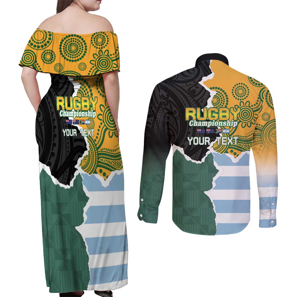 Personalised Rugby 2025 Championship Couples Matching Off Shoulder Maxi Dress and Long Sleeve Button Shirt Southern Hemisphere Countries Mascots LT14 - Polynesian Pride