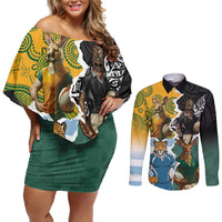 Personalised Rugby 2025 Championship Couples Matching Off Shoulder Short Dress and Long Sleeve Button Shirt Southern Hemisphere Countries Mascots LT14 Black - Polynesian Pride