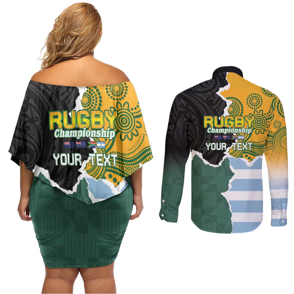 Personalised Rugby 2025 Championship Couples Matching Off Shoulder Short Dress and Long Sleeve Button Shirt Southern Hemisphere Countries Mascots LT14 - Polynesian Pride