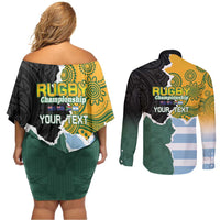 Personalised Rugby 2025 Championship Couples Matching Off Shoulder Short Dress and Long Sleeve Button Shirt Southern Hemisphere Countries Mascots LT14 - Polynesian Pride