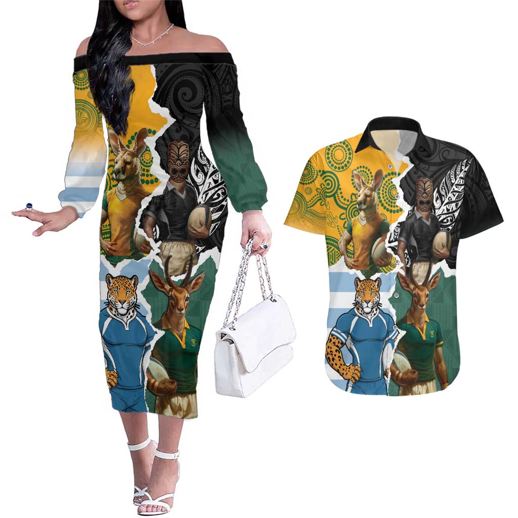 Personalised Rugby 2025 Championship Couples Matching Off The Shoulder Long Sleeve Dress and Hawaiian Shirt Southern Hemisphere Countries Mascots LT14 Black - Polynesian Pride