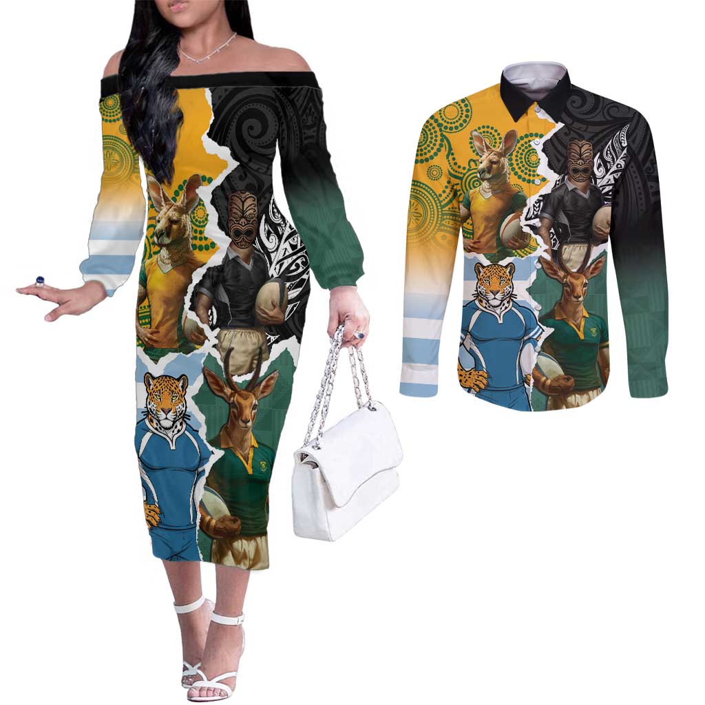 Personalised Rugby 2025 Championship Couples Matching Off The Shoulder Long Sleeve Dress and Long Sleeve Button Shirt Southern Hemisphere Countries Mascots LT14 Black - Polynesian Pride