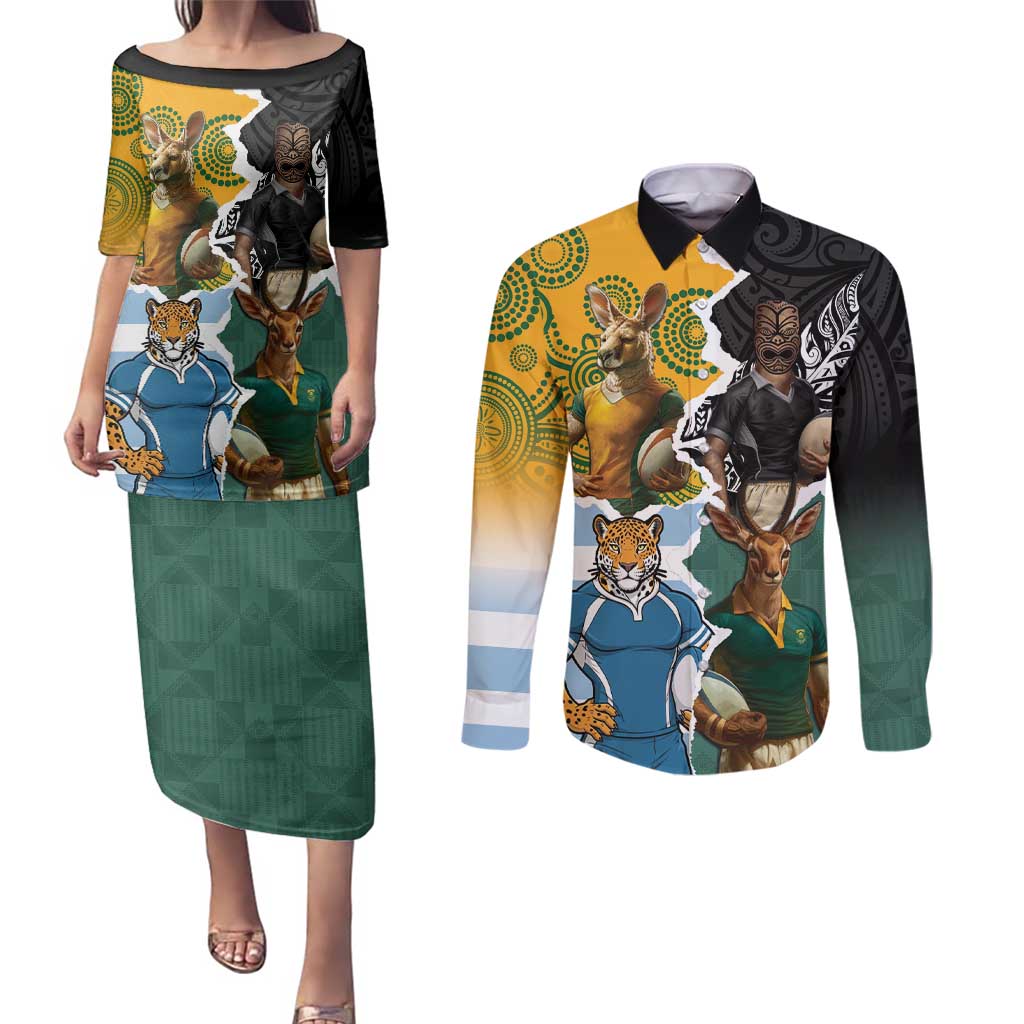 Personalised Rugby 2025 Championship Couples Matching Puletasi and Long Sleeve Button Shirt Southern Hemisphere Countries Mascots - Polynesian Pride