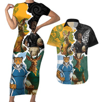 Personalised Rugby 2025 Championship Couples Matching Short Sleeve Bodycon Dress and Hawaiian Shirt Southern Hemisphere Countries Mascots LT14 Black - Polynesian Pride