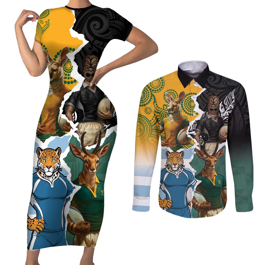Personalised Rugby 2025 Championship Couples Matching Short Sleeve Bodycon Dress and Long Sleeve Button Shirt Southern Hemisphere Countries Mascots LT14 Black - Polynesian Pride