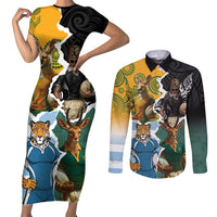 Personalised Rugby 2025 Championship Couples Matching Short Sleeve Bodycon Dress and Long Sleeve Button Shirt Southern Hemisphere Countries Mascots LT14 Black - Polynesian Pride