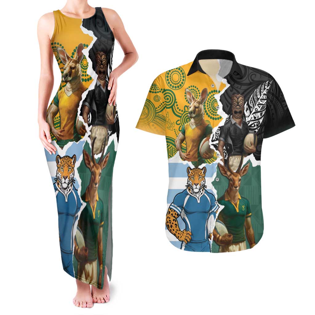 Personalised Rugby 2025 Championship Couples Matching Tank Maxi Dress and Hawaiian Shirt Southern Hemisphere Countries Mascots LT14 Black - Polynesian Pride