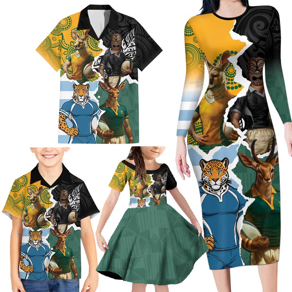 Personalised Rugby 2025 Championship Family Matching Long Sleeve Bodycon Dress and Hawaiian Shirt Southern Hemisphere Countries Mascots LT14 - Polynesian Pride