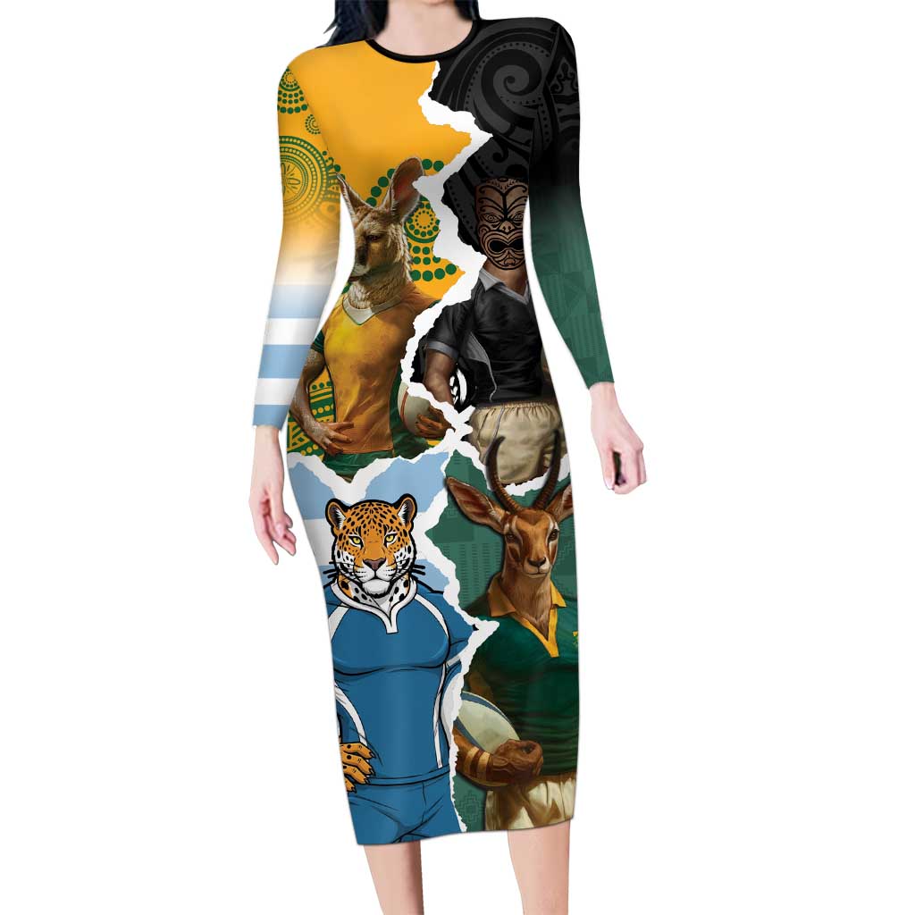 Personalised Rugby 2025 Championship Family Matching Long Sleeve Bodycon Dress and Hawaiian Shirt Southern Hemisphere Countries Mascots LT14 Mom's Dress Black - Polynesian Pride